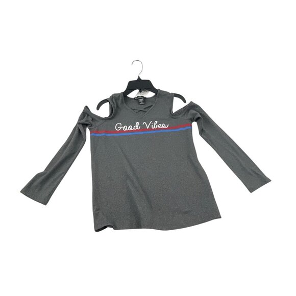 Love Alexa NWT Girls Good Vibes Cold Shoulder Top Gray Long Sleeve L Stretch - Picture 7 of 7